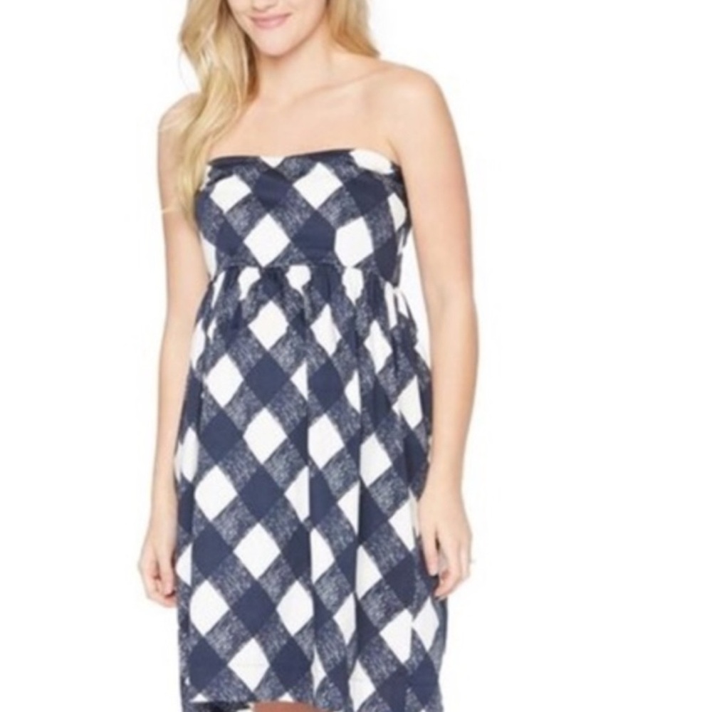 Motherhood Maternity Convertible Strapless Dress in Blue & White Check. NWOT. S